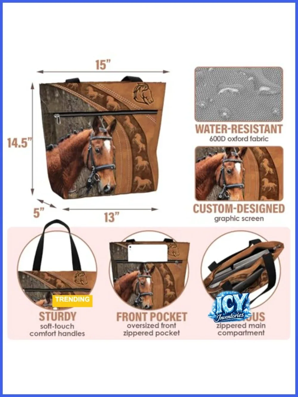Horse Tote Bag for Women with Zipper Pocket, 15-Inch Laptop Bag